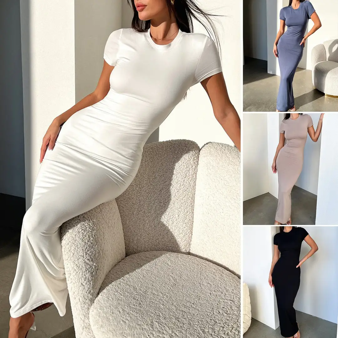 Amazon European and American Clothing Spring and Summer Foreign Trade Solid Color Temperament High Elastic Slim Sexy Short-Sleeved Long Skirt Dress — feature 7