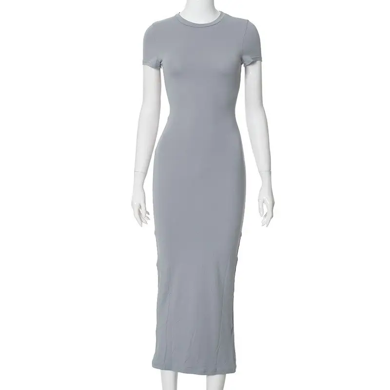 Amazon European and American Clothing Spring and Summer Foreign Trade Solid Color Temperament High Elastic Slim Sexy Short-Sleeved Long Skirt Dress