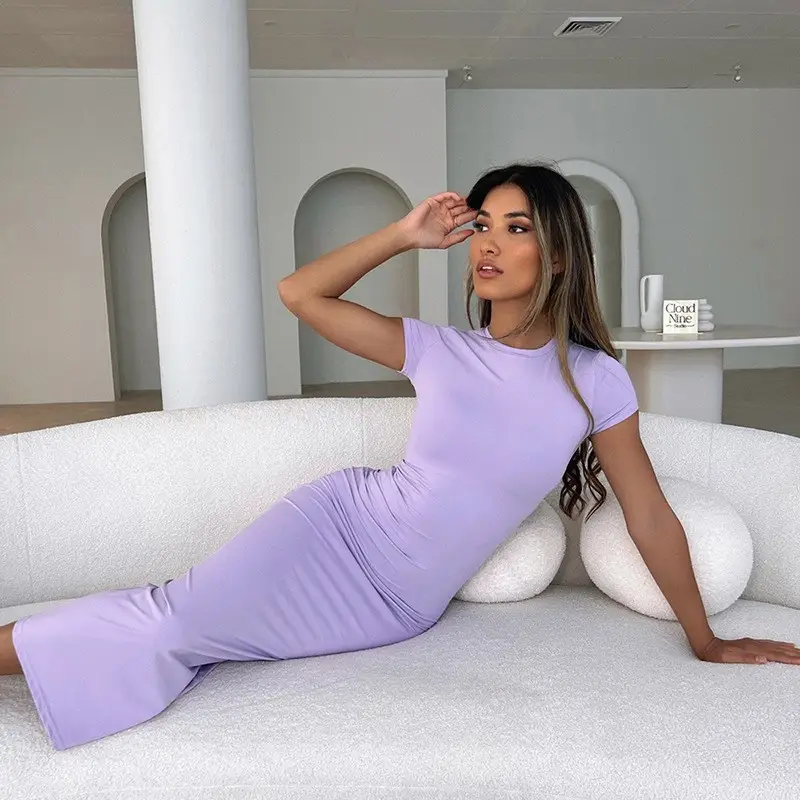 Amazon European and American Clothing Spring and Summer Foreign Trade Solid Color Temperament High Elastic Slim Sexy Short-Sleeved Long Skirt Dress