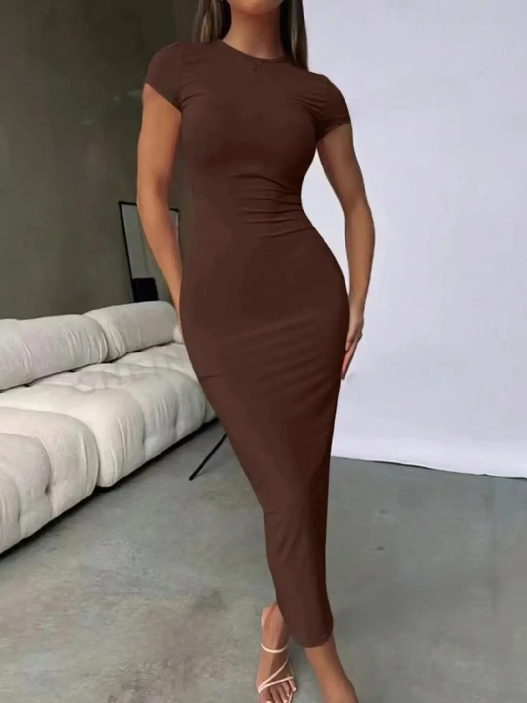 Amazon European and American Clothing Spring and Summer Foreign Trade Solid Color Temperament High Elastic Slim Sexy Short-Sleeved Long Skirt Dress