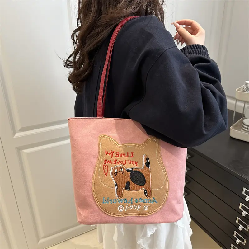 Cute Korean Style Pink Dog Print Commuter Tote Bag