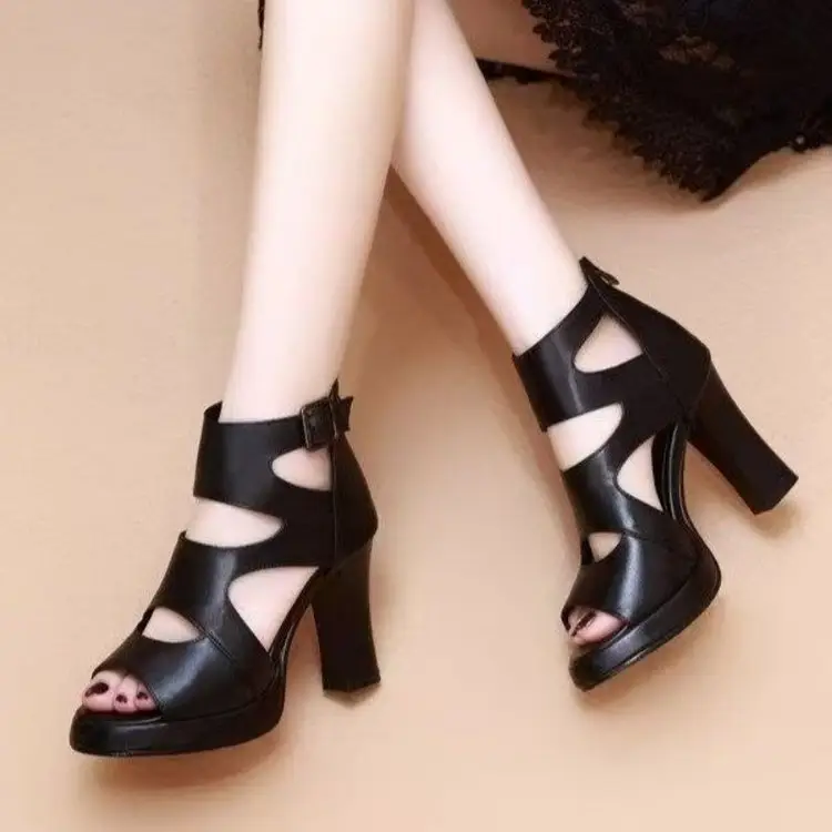 High-heeled Sandals Hollow-out Fish-mouth Roman 2025 New Sandals Summer Waterproof Women's All-match Women's Thick-heeled Sandals - Image 5