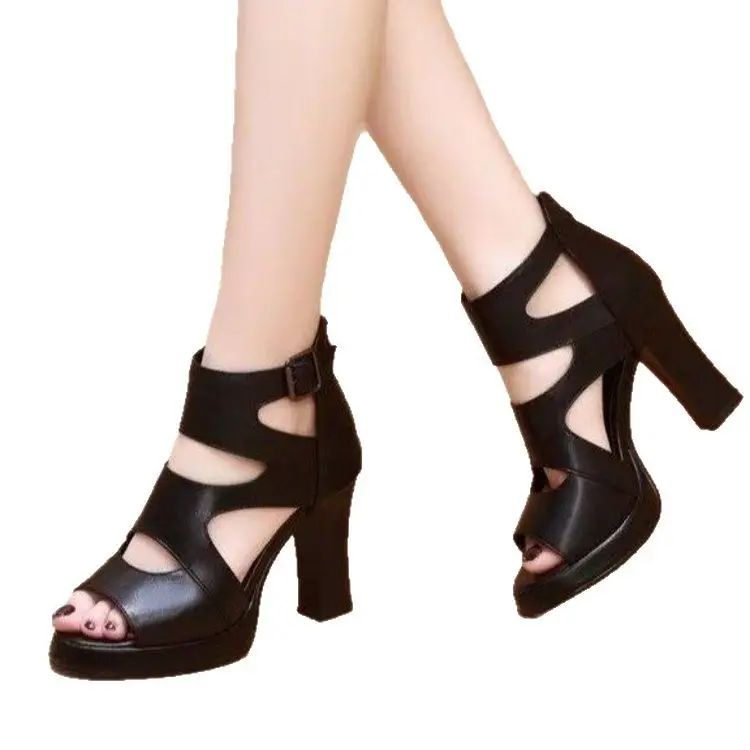 High-heeled Sandals Hollow-out Fish-mouth Roman 2025 New Sandals Summer Waterproof Women's All-match Women's Thick-heeled Sandals - Image 6