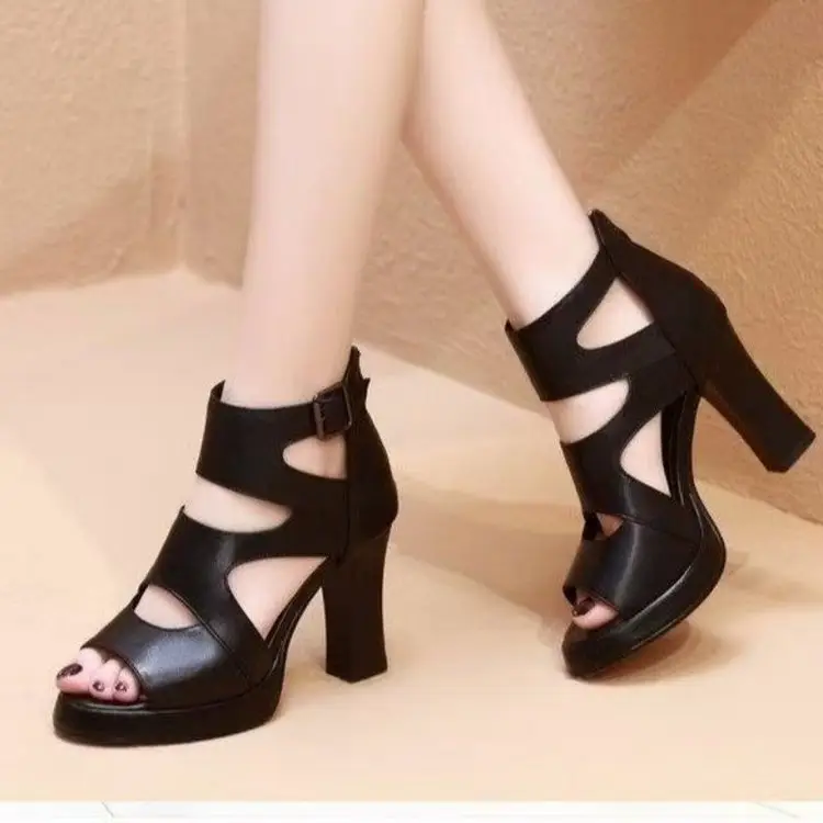 High-heeled Sandals Hollow-out Fish-mouth Roman 2025 New Sandals Summer Waterproof Women's All-match Women's Thick-heeled Sandals — feature 3