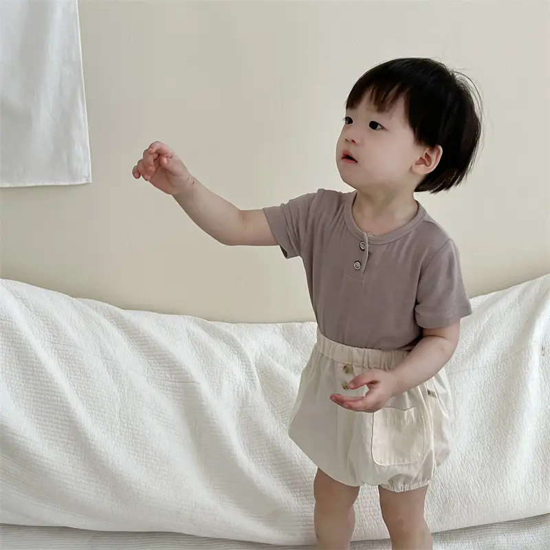 Kids Button Short Sleeve T-Shirt Shorts Set 2026 - Image 3