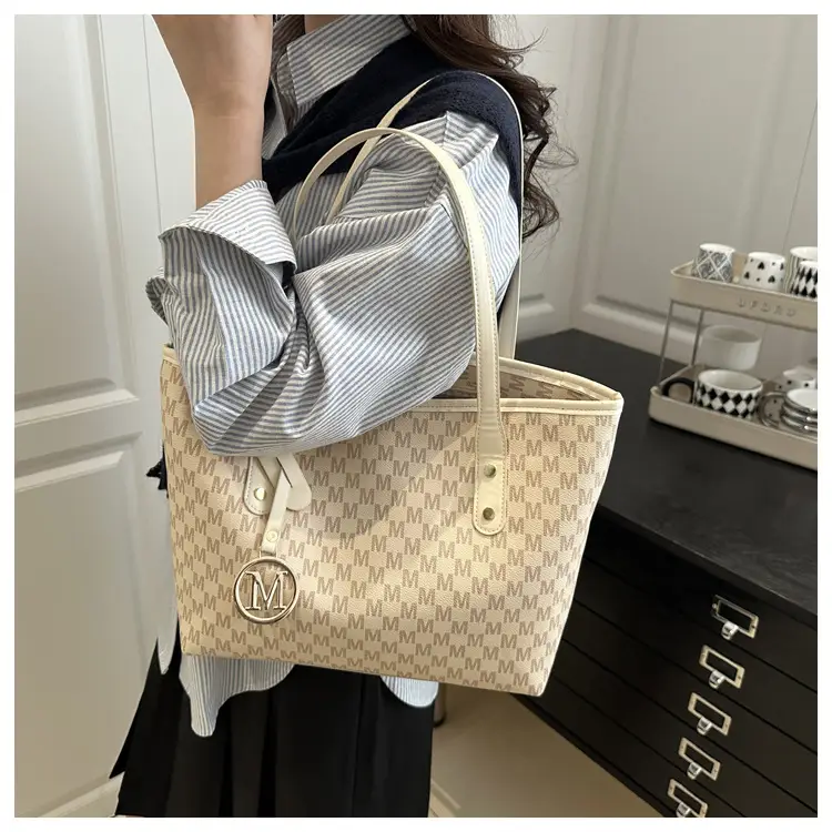 Women's Black Checkered H-Style Shoulder Bag with Gold Logo — feature 10
