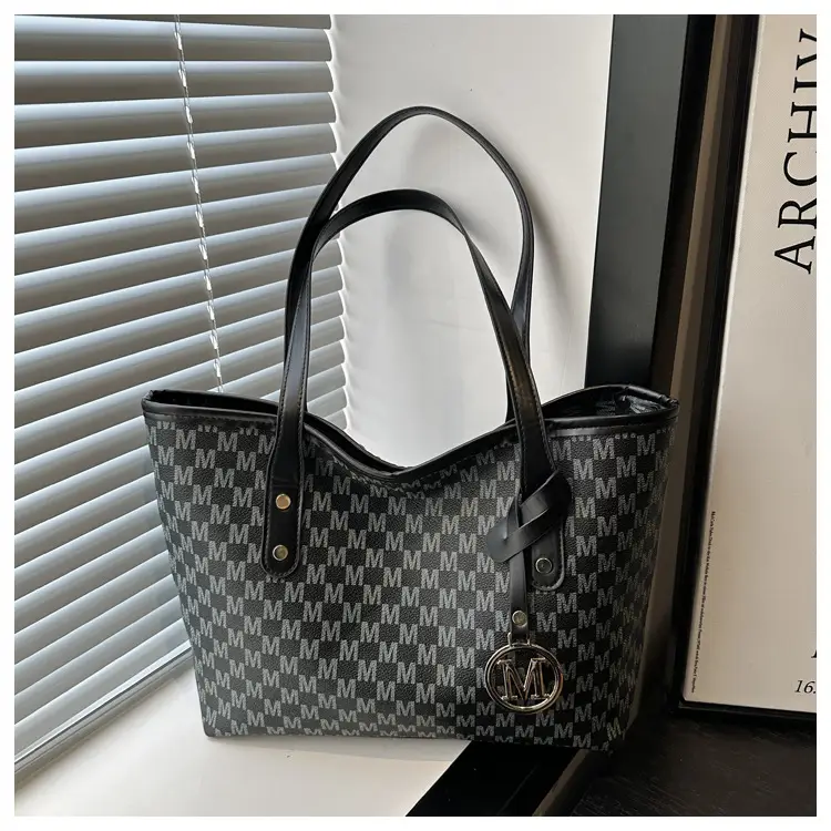 Women's Black Checkered H-Style Shoulder Bag with Gold Logo — feature 22
