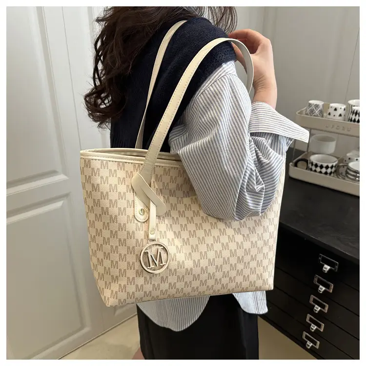 Women's Black Checkered H-Style Shoulder Bag with Gold Logo — feature 8