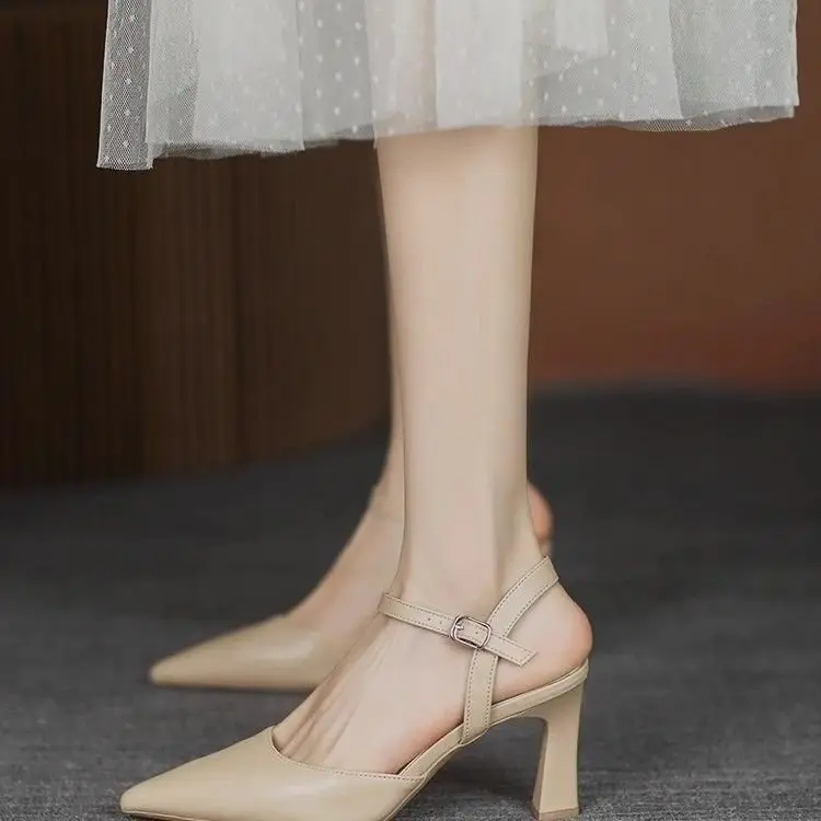 French High Heels Women's Thick Heel Toe Sandals 2025 Summer New Pointed Black Small Size Mid Heel Empty Shoes - Image 4