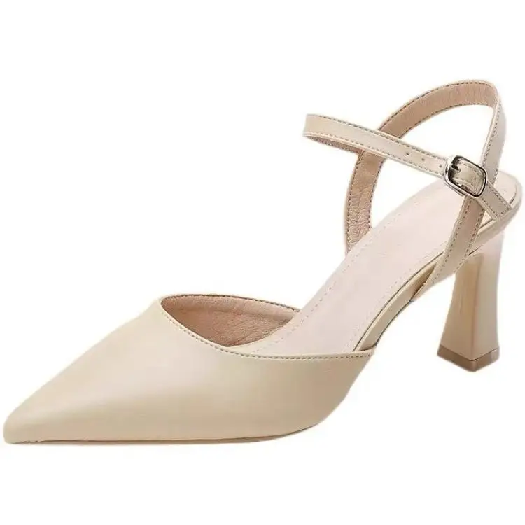 French High Heels Women's Thick Heel Toe Sandals 2025 Summer New Pointed Black Small Size Mid Heel Empty Shoes - Image 7