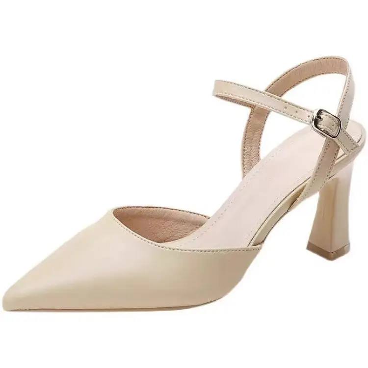 French High Heels Women's Thick Heel Toe Sandals 2025 Summer New Pointed Black Small Size Mid Heel Empty Shoes — feature 12