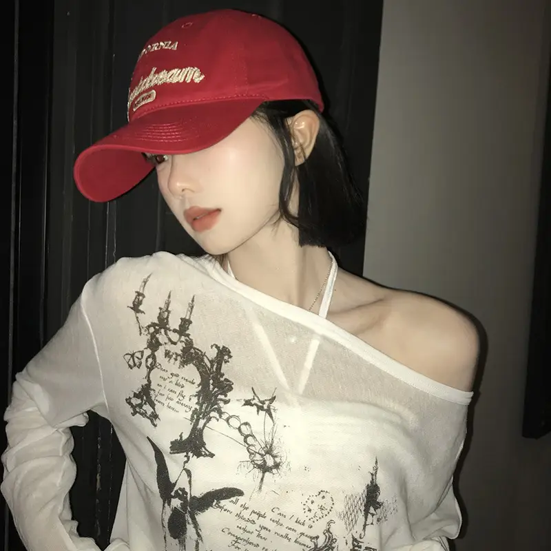 Red Letter Embroidered Women's Cap Spring Summer - Image 5