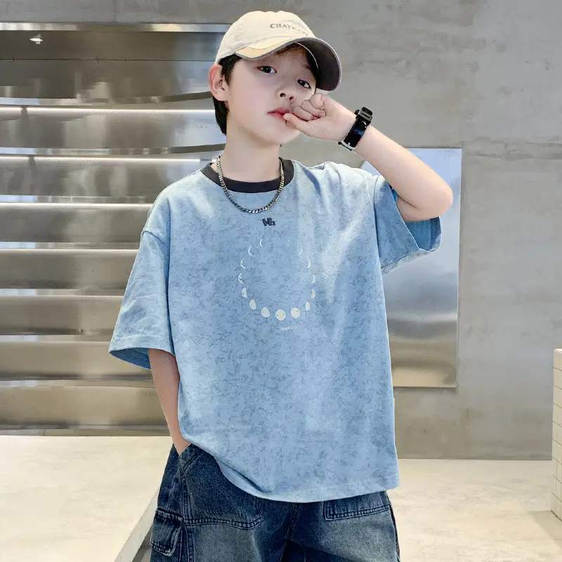 Summer Boys T-Shirt Blue Cotton Half Sleeve Kids Wear - Image 2