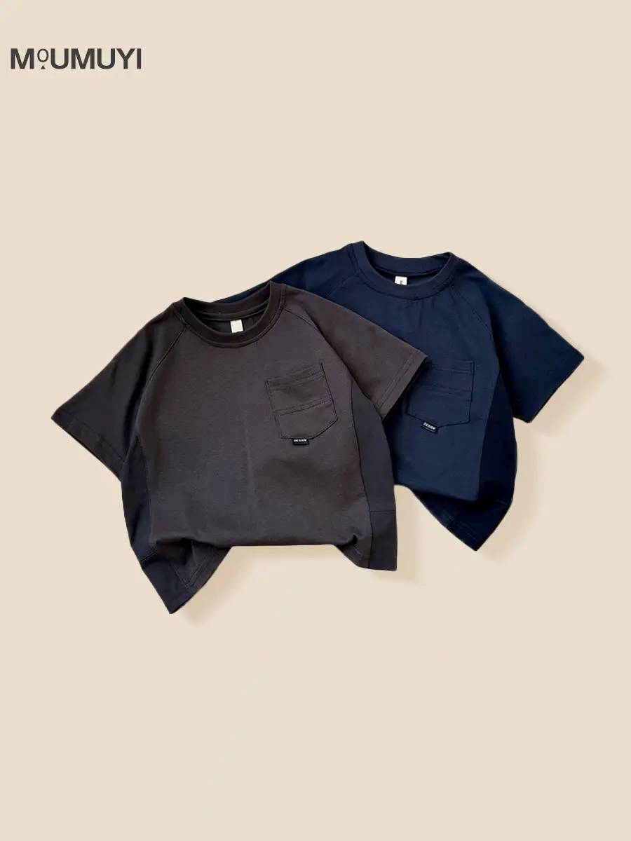 Kids Navy Blue Pocket T-Shirt Round Neck Short Sleeve