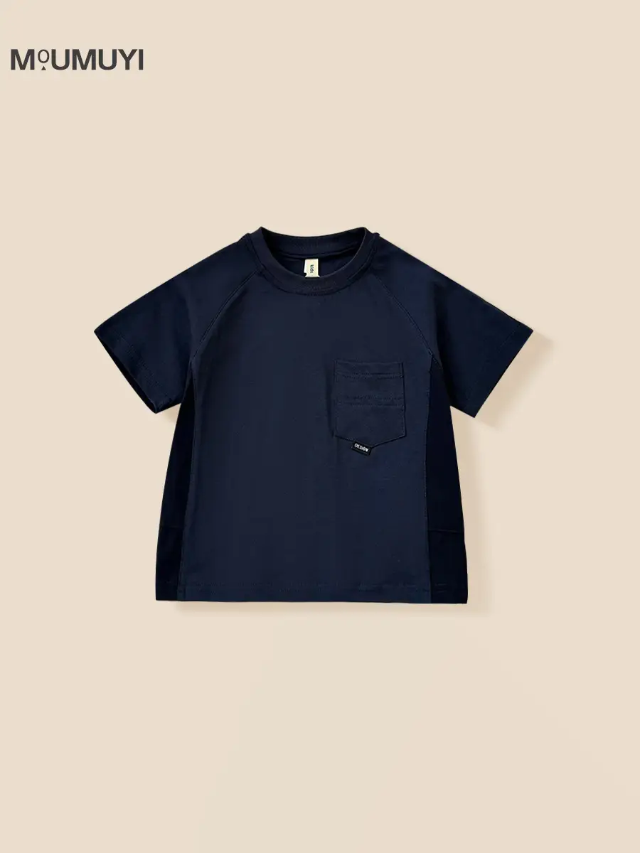Kids Navy Blue Pocket T-Shirt Round Neck Short Sleeve