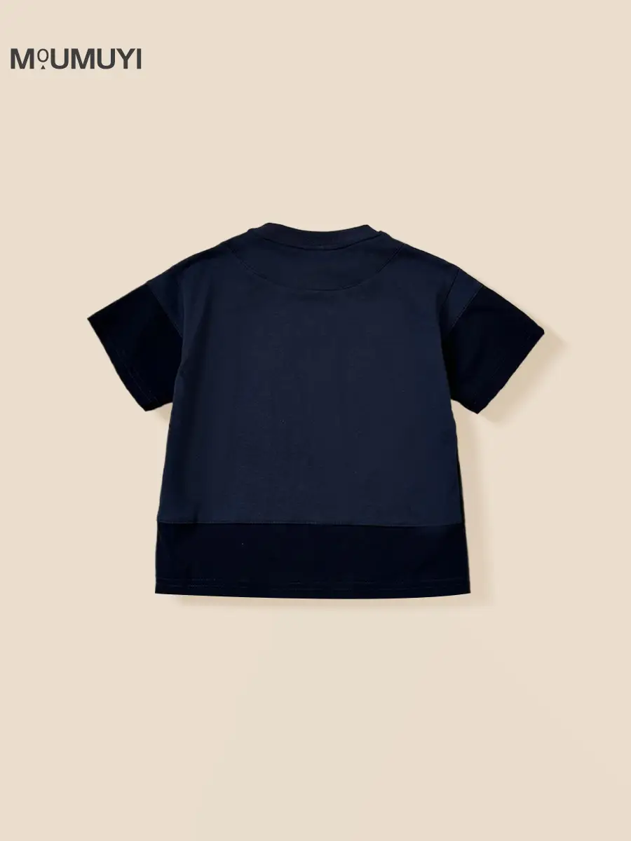 Kids Navy Blue Pocket T-Shirt Round Neck Short Sleeve