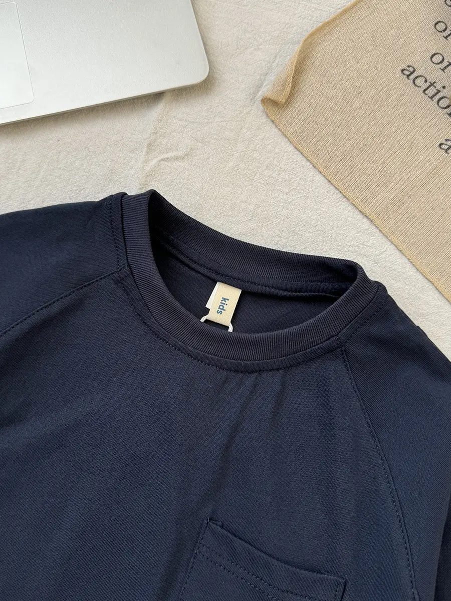 Kids Navy Blue Pocket T-Shirt Round Neck Short Sleeve