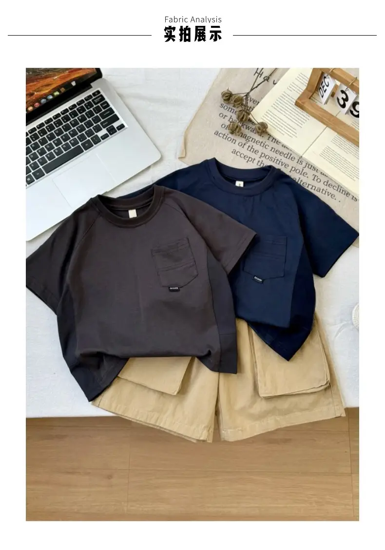 Kids Navy Blue Pocket T-Shirt Round Neck Short Sleeve — feature 11