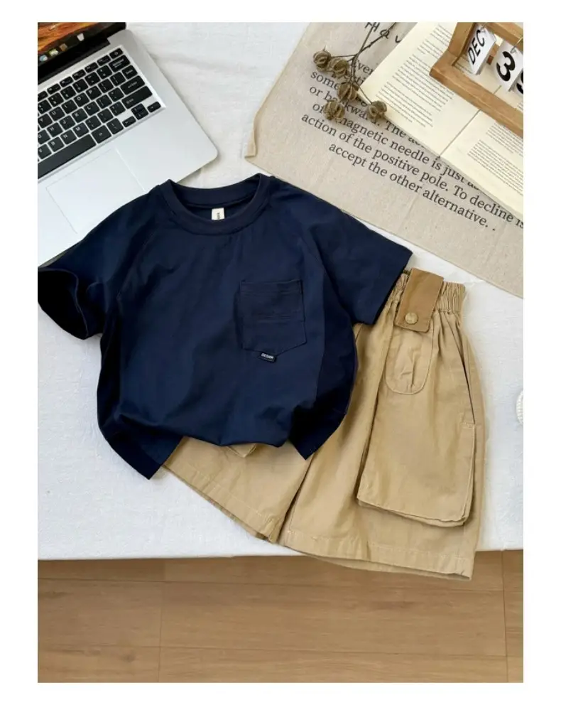 Kids Navy Blue Pocket T-Shirt Round Neck Short Sleeve — feature 14
