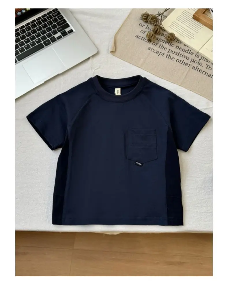 Kids Navy Blue Pocket T-Shirt Round Neck Short Sleeve — feature 15