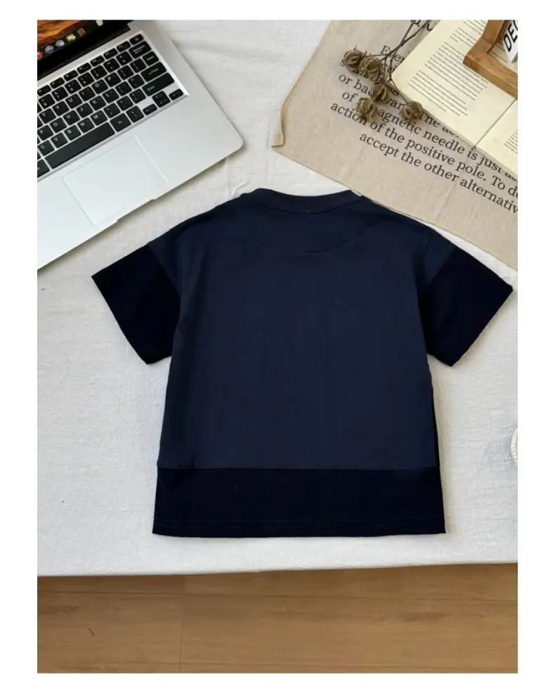Kids Navy Blue Pocket T-Shirt Round Neck Short Sleeve — feature 16