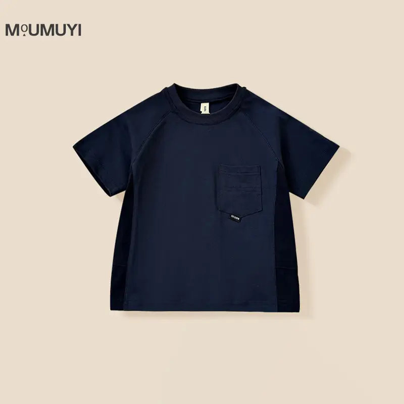 Kids Navy Blue Pocket T-Shirt Round Neck Short Sleeve