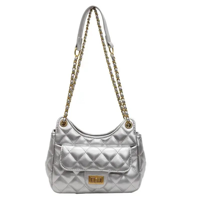 Pink Diamond Lattice Shoulder Bag with Gold Chain - Image 2