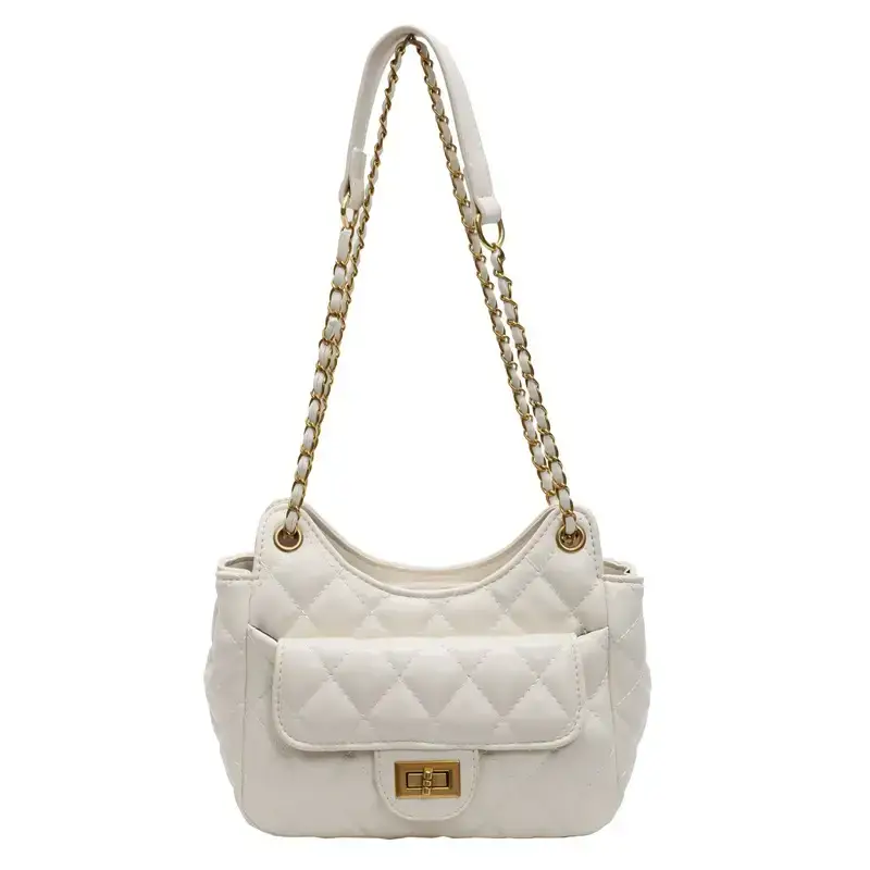 Pink Diamond Lattice Shoulder Bag with Gold Chain - Image 4