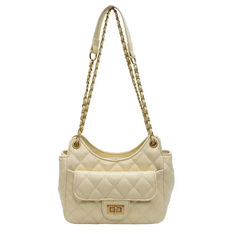 Pink Diamond Lattice Shoulder Bag with Gold Chain - Image 6
