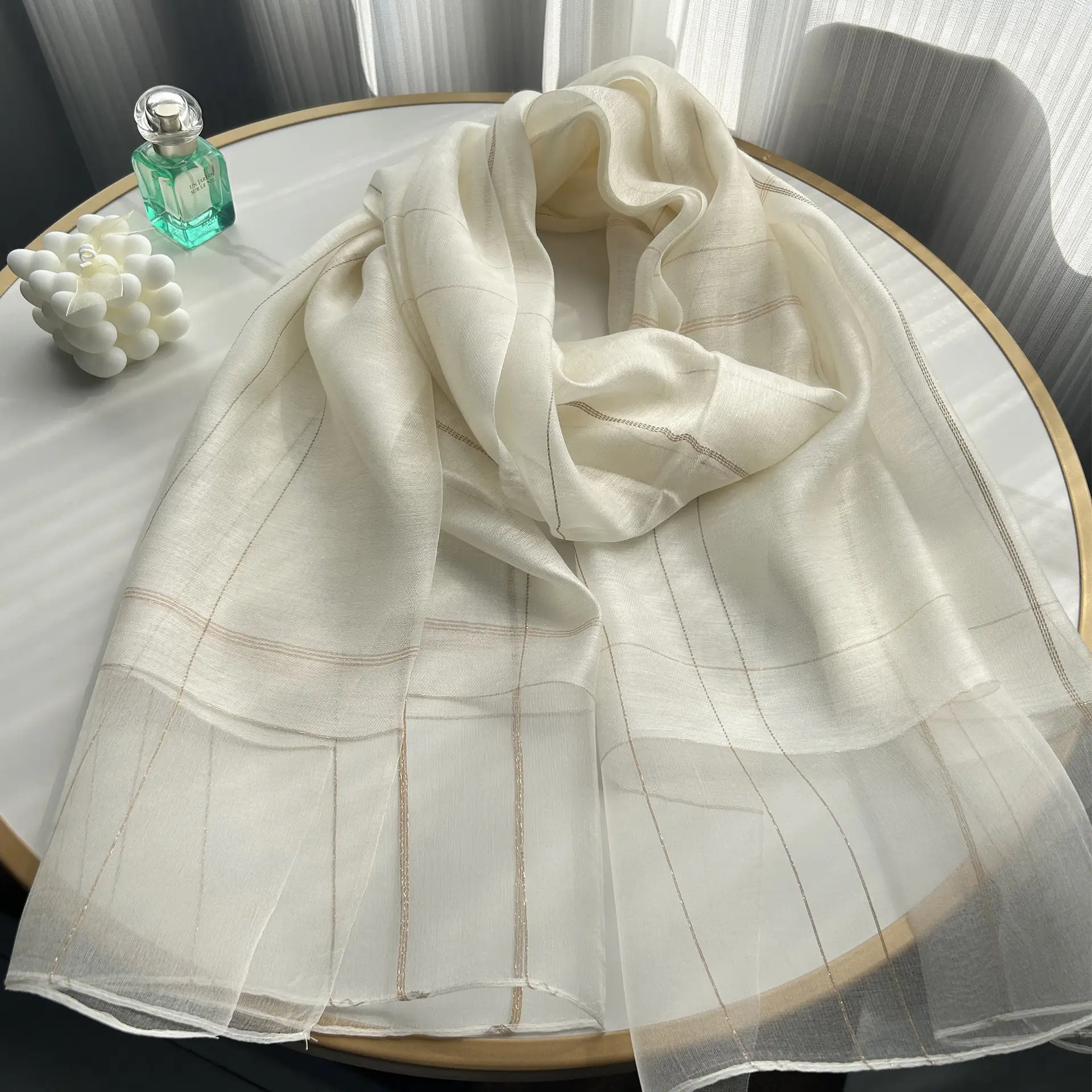 2025 Silk Scarf Soft Bright Gold Thread Travel Shawl - Image 12