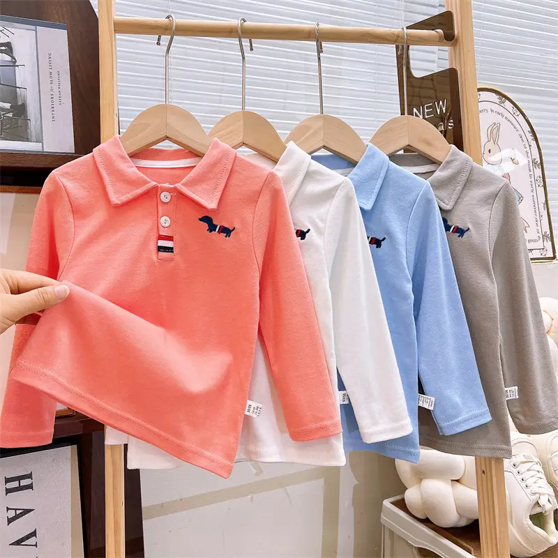 Children's Long Sleeve Cotton Polo Shirt Blue White Grey Orange - Image 6