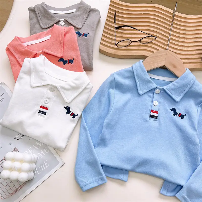Children's Long Sleeve Cotton Polo Shirt Blue White Grey Orange - Image 7