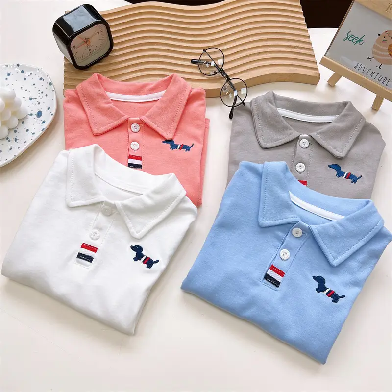 Children's Long Sleeve Cotton Polo Shirt Blue White Grey Orange - Image 8