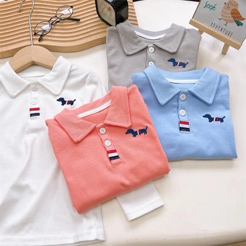 Children's Long Sleeve Cotton Polo Shirt Blue White Grey Orange - Image 9