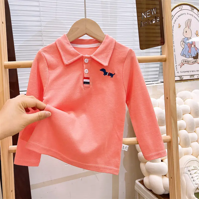 Children's Long Sleeve Cotton Polo Shirt Blue White Grey Orange - Image 2