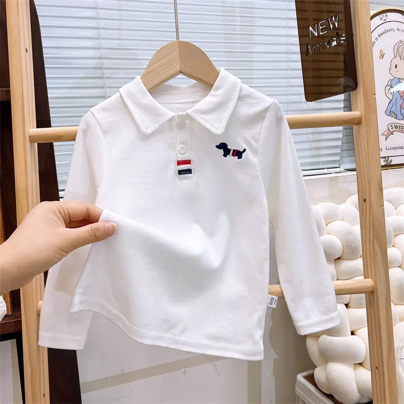 Children's Long Sleeve Cotton Polo Shirt Blue White Grey Orange - Image 3