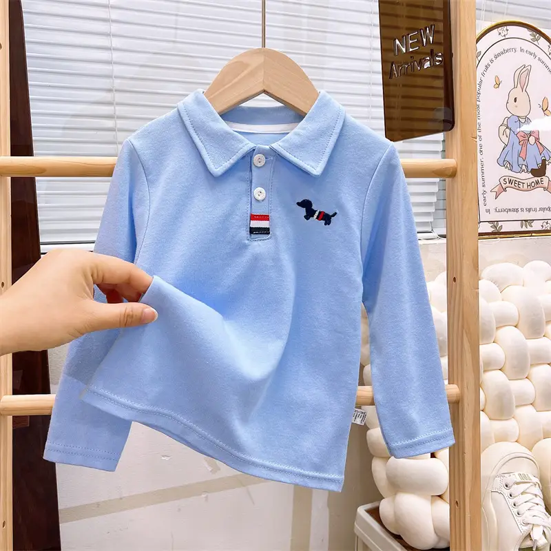 Children's Long Sleeve Cotton Polo Shirt Blue White Grey Orange - Image 4