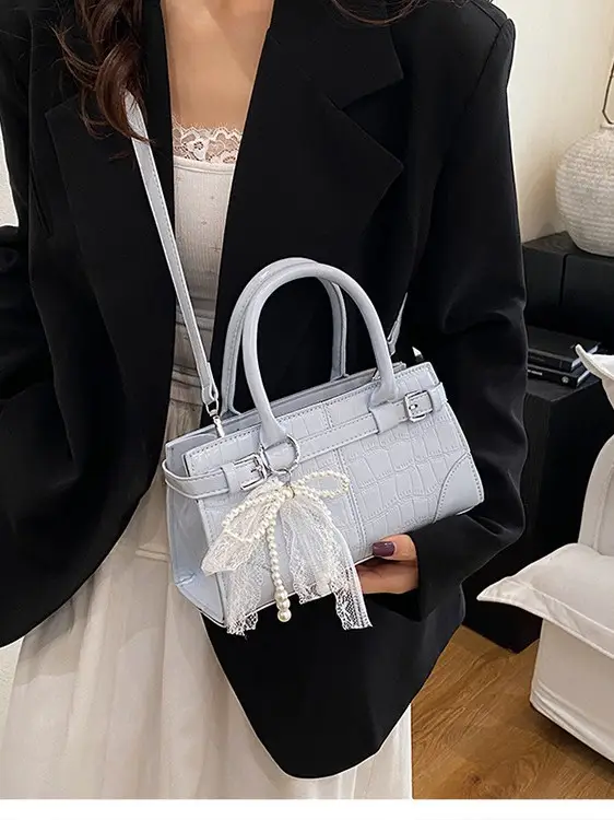 Black Crocodile Texture Crossbody Bag with Lace Bow - Image 7