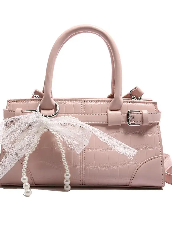 Black Crocodile Texture Crossbody Bag with Lace Bow - Image 10