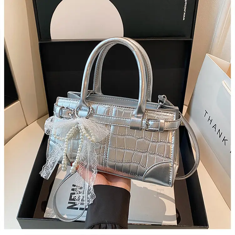 Black Crocodile Texture Crossbody Bag with Lace Bow — feature 11