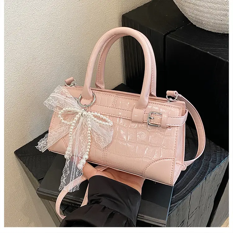 Black Crocodile Texture Crossbody Bag with Lace Bow — feature 17