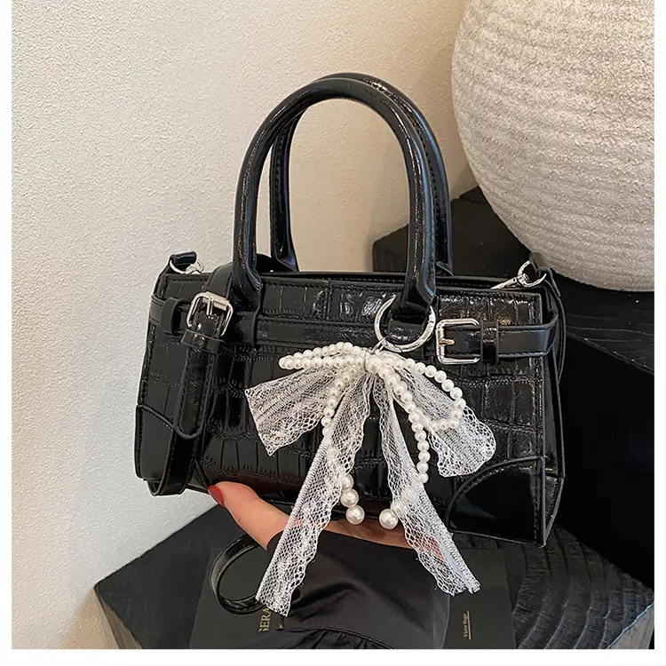 Black Crocodile Texture Crossbody Bag with Lace Bow — feature 19