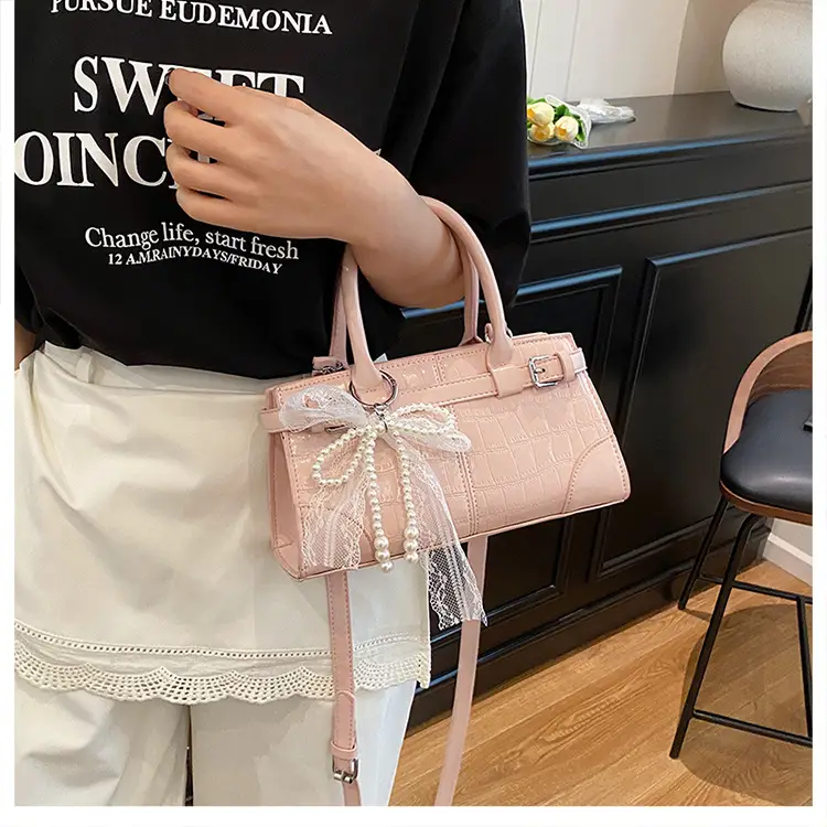 Black Crocodile Texture Crossbody Bag with Lace Bow — feature 23
