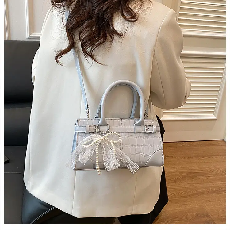 Black Crocodile Texture Crossbody Bag with Lace Bow — feature 30
