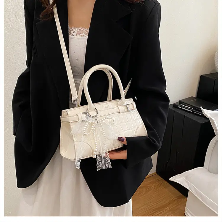 Black Crocodile Texture Crossbody Bag with Lace Bow — feature 31