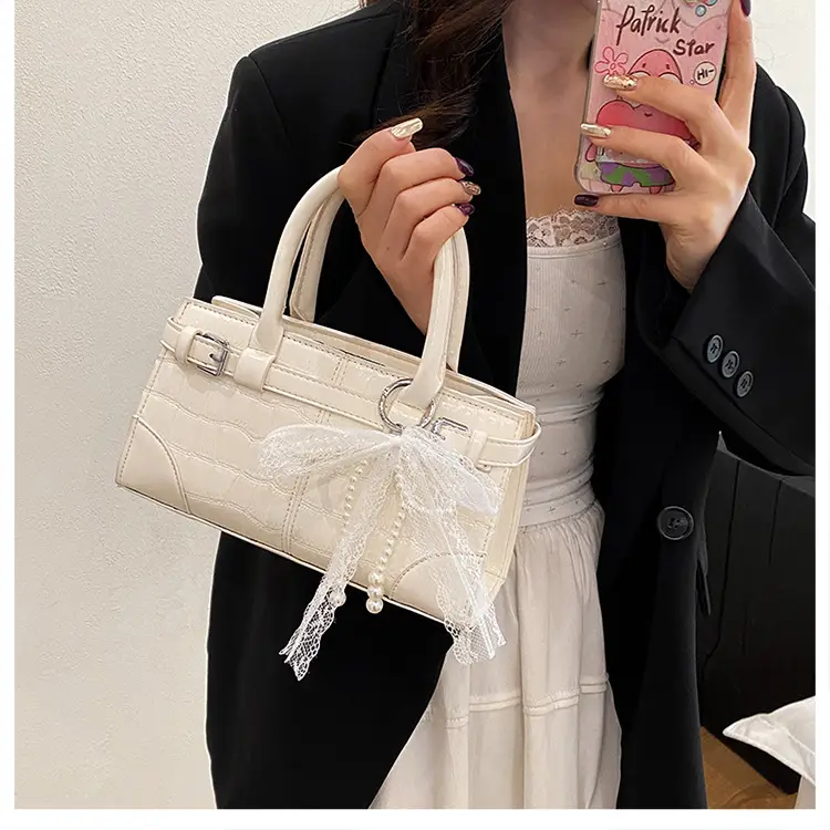 Black Crocodile Texture Crossbody Bag with Lace Bow — feature 34