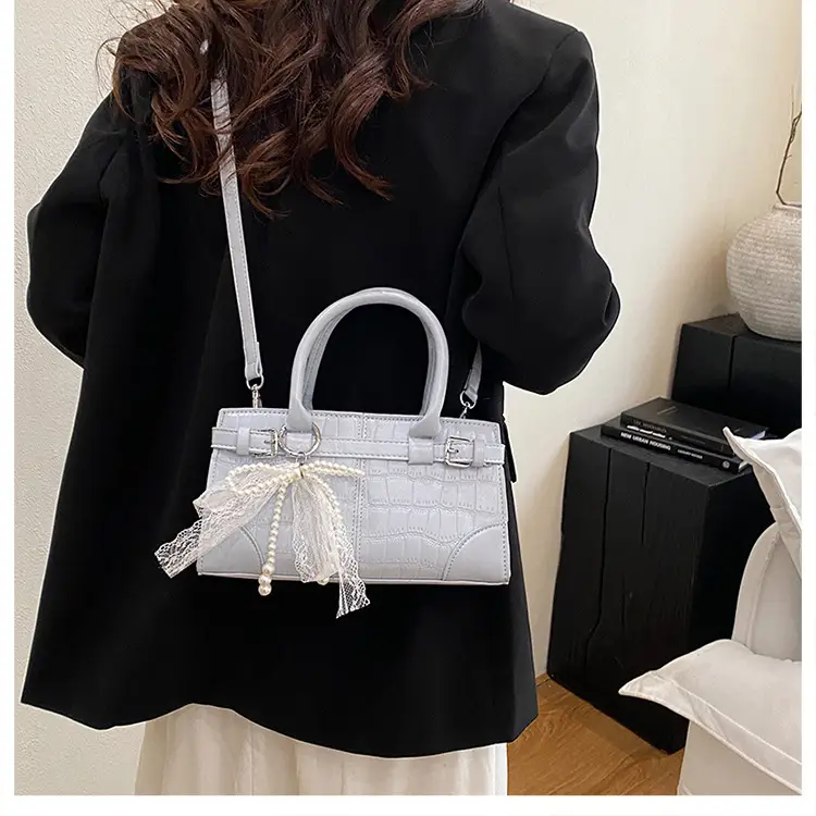 Black Crocodile Texture Crossbody Bag with Lace Bow — feature 36