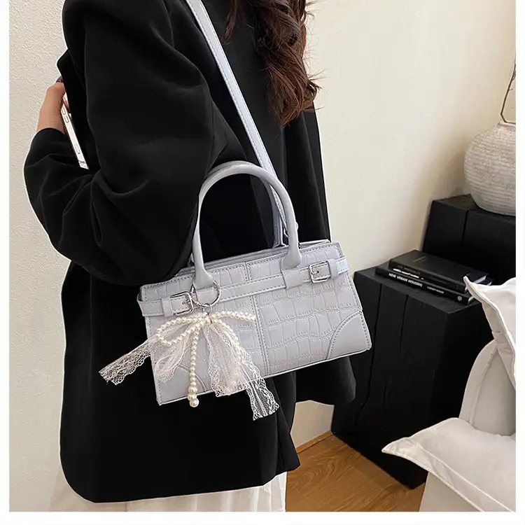 Black Crocodile Texture Crossbody Bag with Lace Bow — feature 37