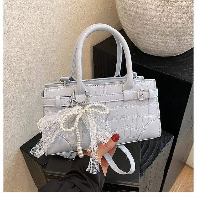 Black Crocodile Texture Crossbody Bag with Lace Bow - Image 3