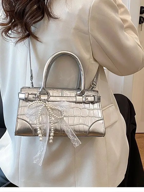 Black Croc Embroidered Crossbody Bag with Lace Bow - Image 8